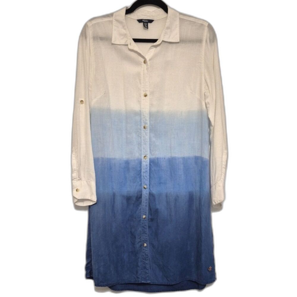 Hatley Cara Shirt Dress M Blue Ombre Dip Dye Tencel Lyocell Boho Tunic